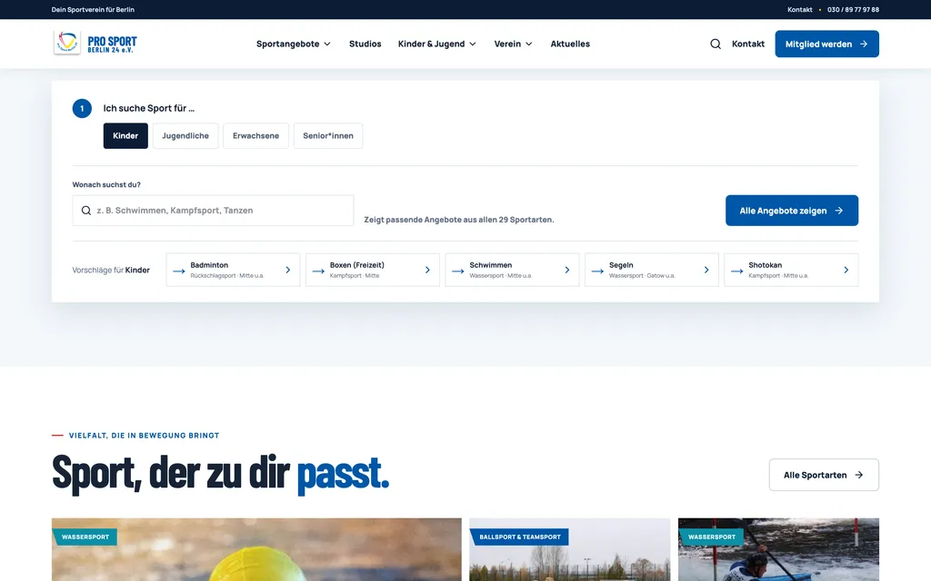 Angebotssuche mit Auswahl der Zielgruppe, Suchfeld und Vorschlägen für Kinder