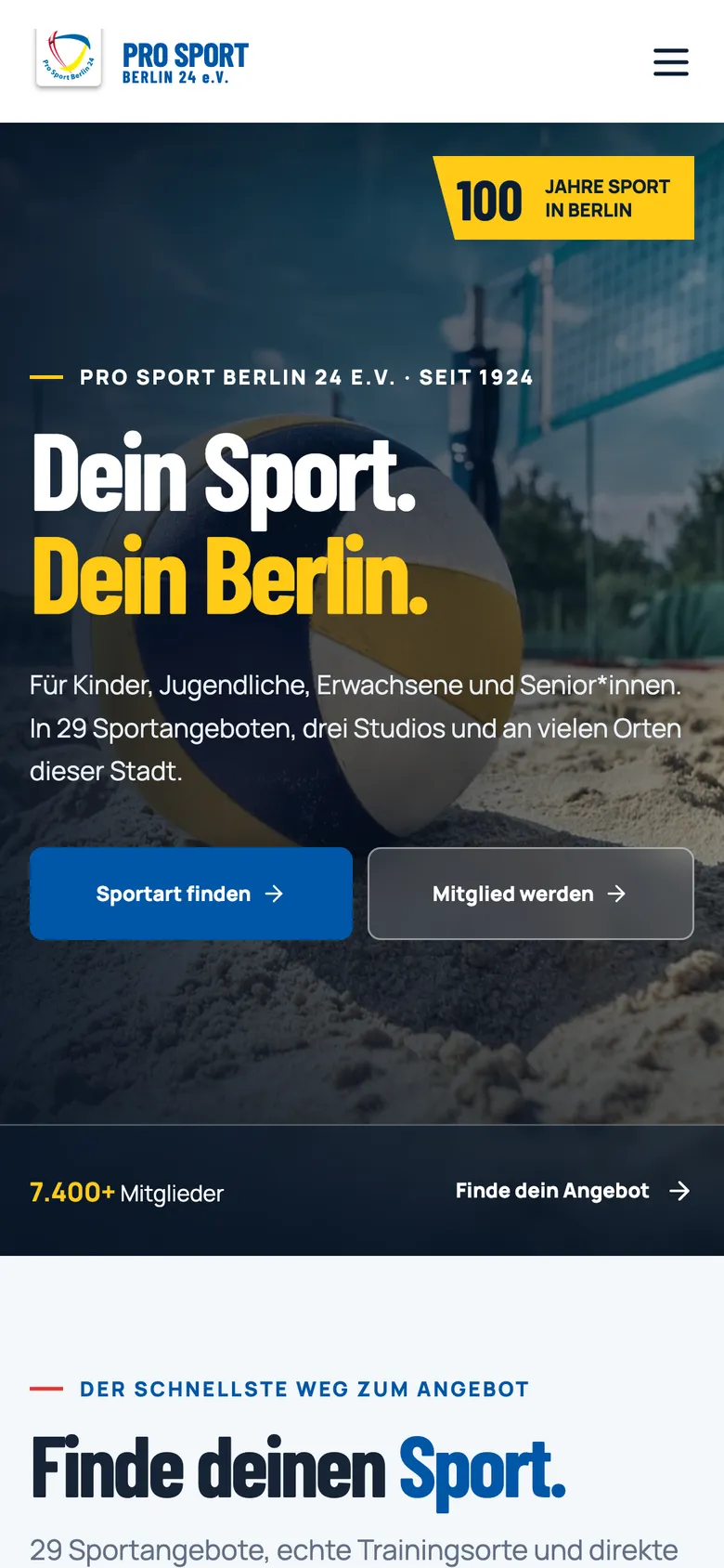 Prototyp-Startseite von Pro Sport Berlin 24 auf dem Smartphone mit der Headline „Dein Sport. Dein Berlin.“