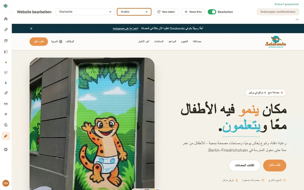 Visueller Editor mit der arabischen Fassung der Startseite im Rechts-nach-links-Layout