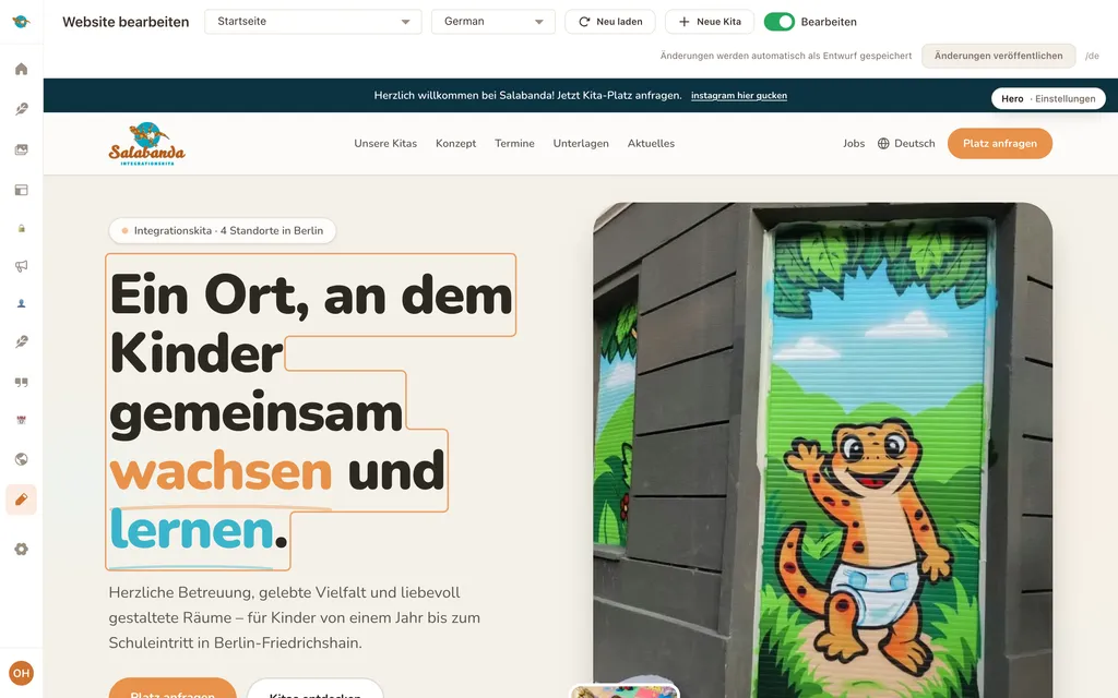 Visueller Editor im Bearbeitungsmodus: beim Überfahren werden bearbeitbare Bereiche umrandet und mit ihrem Abschnittsnamen beschriftet
