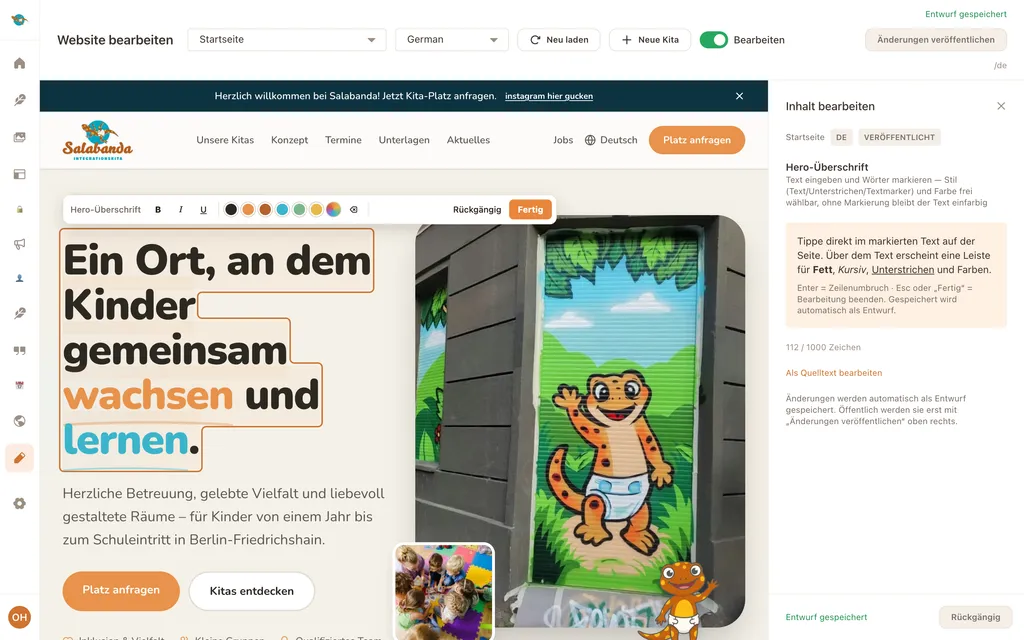 Visueller Editor: die Hero-Überschrift wird direkt auf der Seite bearbeitet, darüber eine Leiste mit Fett, Kursiv, Unterstreichen und den Farben der Website, rechts ein Panel mit Hinweisen und Zeichenzähler
