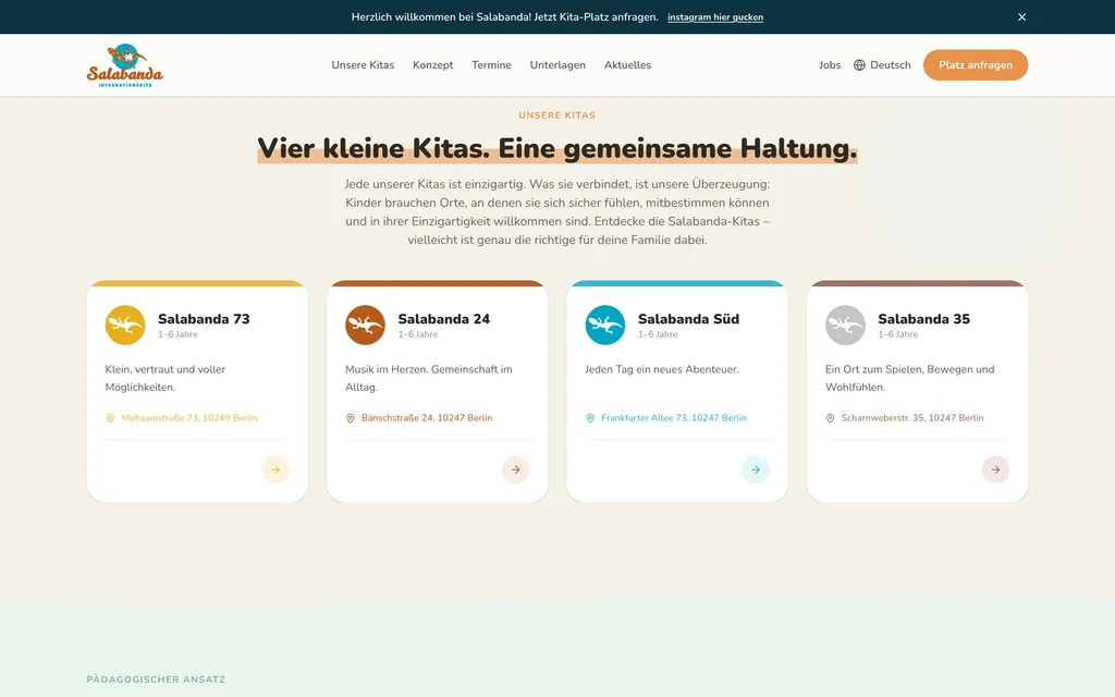 Übersicht „Vier kleine Kitas. Eine gemeinsame Haltung.“ mit je einer Karte pro Standort