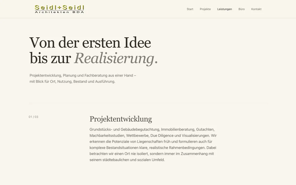 Leistungsseite mit der Headline „Von der ersten Idee bis zur Realisierung.“